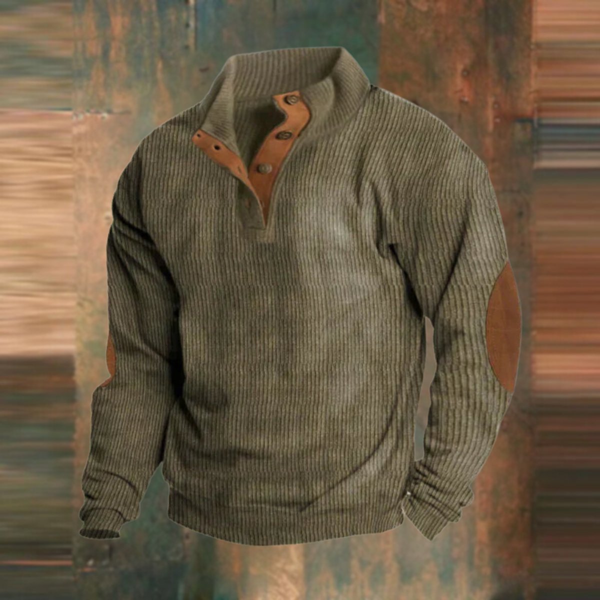 Men's Ribbed Knit Sweater Henley Pullover Elbow Patch Quarter Snap product view