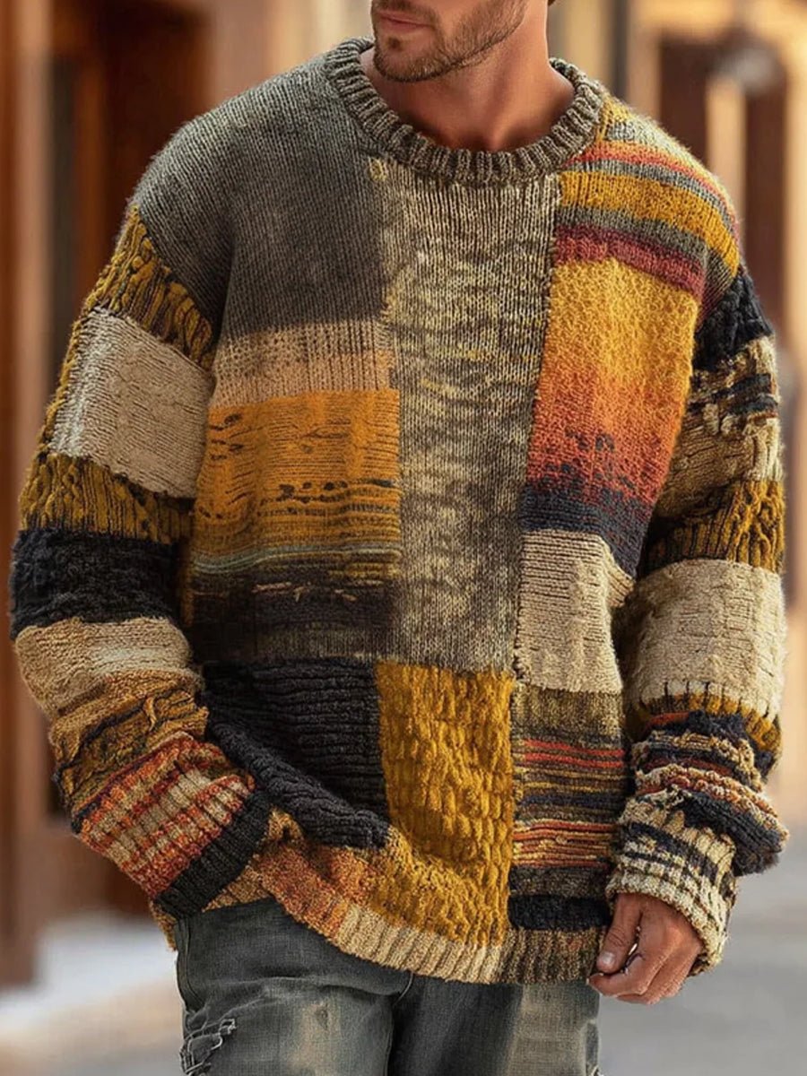 Men's Patchwork Colorblock Long Sleeve Knit Sweater product view