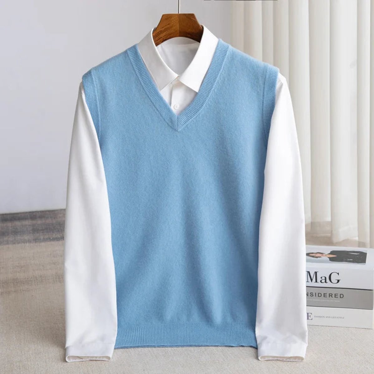 Men's Merino Wool V-Neck Sweater Vest Layering Knit product view