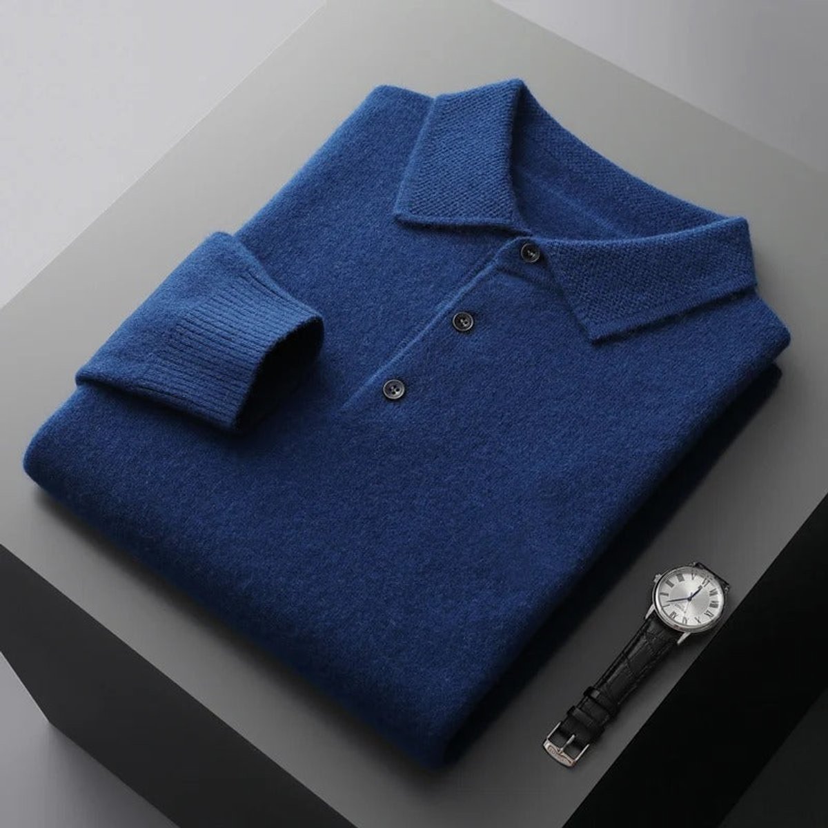 Men's Cashmere Polo Knit Sweater Long Sleeve Button Collar Pullover product view