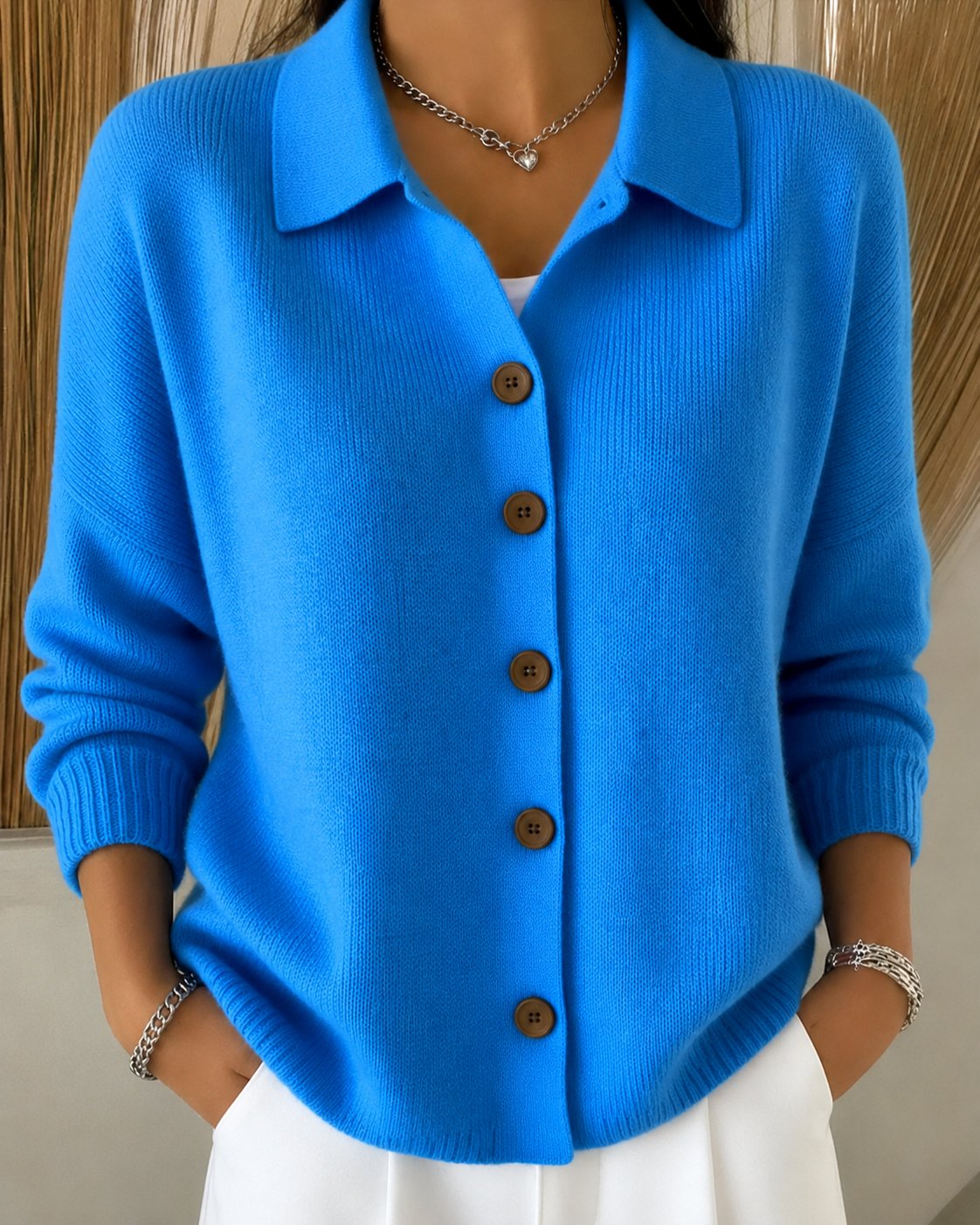 Women's Relaxed-Fit Button-Up Collared Knit Cardigan product view