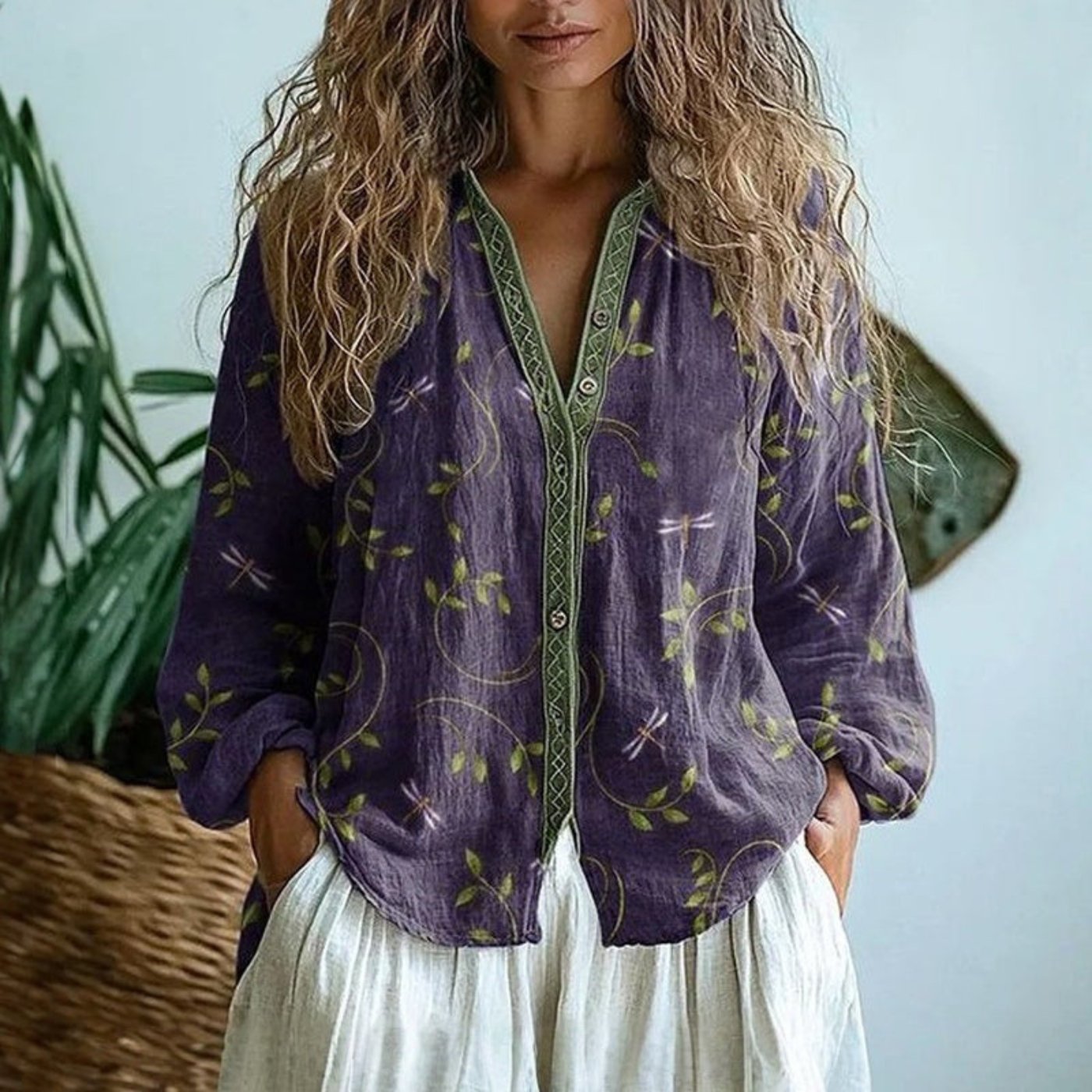 Women's Boho Linen Button-Down Cardigan Blouse Long Sleeve V-Neck product view