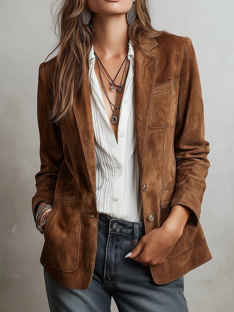 Women's Faux Suede Tailored Single-Breasted Cardigan Blazer product view