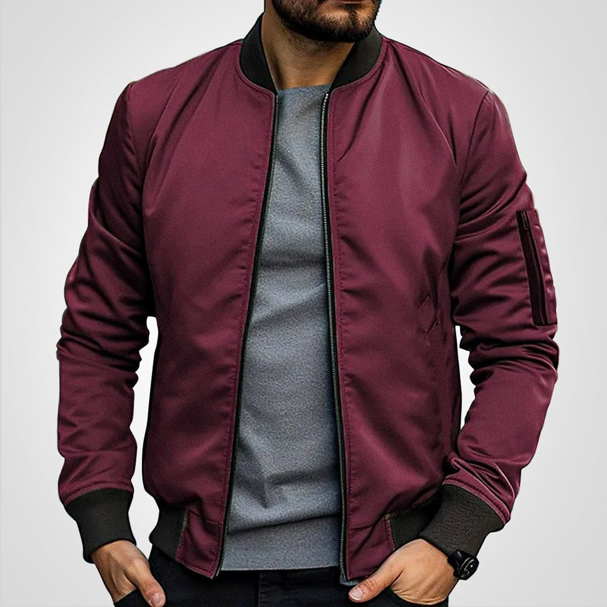 Men's Classic Slim-Fit Zip-Up Bomber Jacket product view